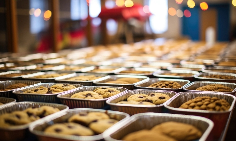 Close-up of cookies in trays being sold at a bake sale